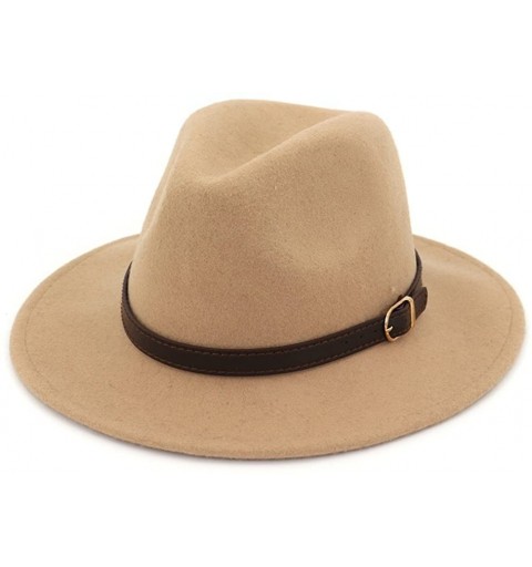Fedoras Women's 100% Wool Fedora Panama Hat Wide Brim with Belt - Camel - CX18E4QIM57 $18.92