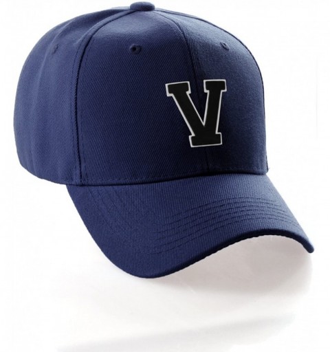 Baseball Caps Classic Baseball Hat Custom A to Z Initial Team Letter- Navy Cap White Black - Letter V - C418IDT8TEU $13.58