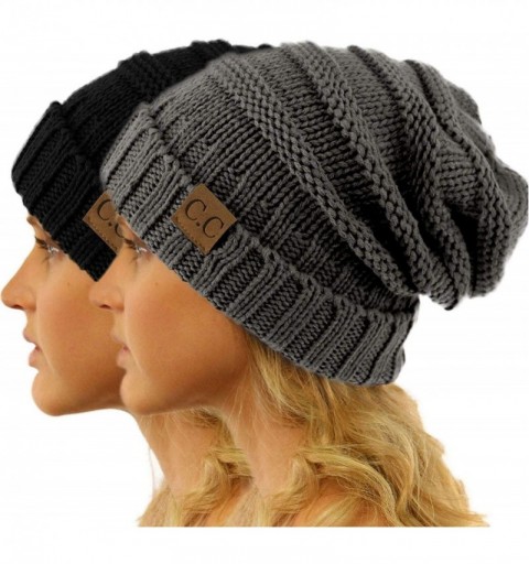 Skullies & Beanies Winter Trendy Warm Oversized Chunky Baggy Stretchy Slouchy Skully Beanie Hat - Black/Gray 2 Pack Combo - C...