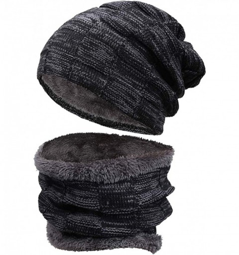 Skullies & Beanies Winter Beanie hat- Warm Knit Hat Scarf Set Thick Fleece Lined Winter Hat Skull Cap for Men Women - Black&g...
