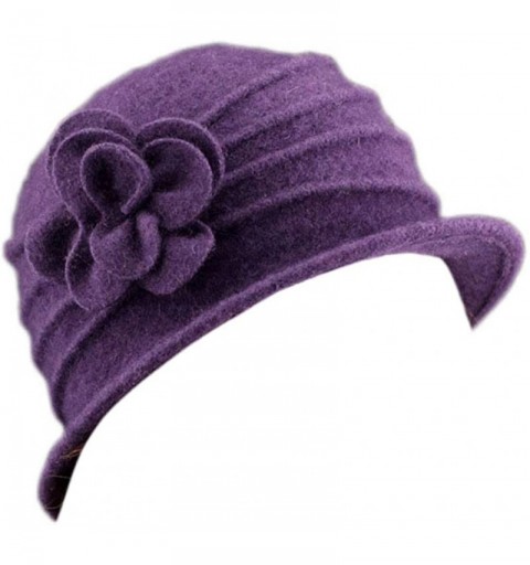 Berets Women 100% Wool Solid Color Round Top Cloche Beret Cap Flower Fedora Hat - 3 Purple - CA186WY2L5A $15.52