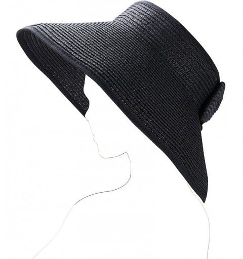 Visors Roll up Straw Wide Brim Bowknot Beach Sun Hat Visor - Black - C812I60D9U5 $18.52