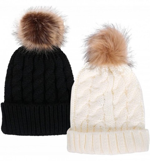 Skullies & Beanies Womens Winter Hand Knit Faux Fur Pompoms Beanie Hat - 2 Pcs Black/White - CY12BYRS5XN $15.76