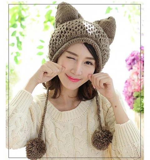 Skullies & Beanies Women's Hat Cat Ear Crochet Braided Knit Caps Warm Snowboarding Winter - Light Coffee - C612MZPJLGA $11.87
