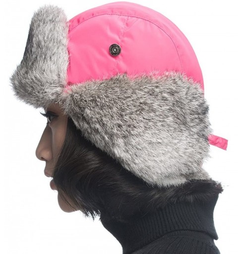 Bomber Hats Aviator Hat with Grey Rabbit Fur - Pink With Grey Rabbit Fur - CZ120I2KLXH $37.89