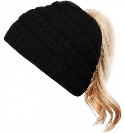 Skullies & Beanies Cable Knit Bun Hole Beanies Ponytail Hat for Women Soft Messy Bun Trucker Winter Hat - Black - CT18LAX54UZ...