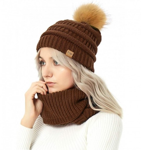 Skullies & Beanies Womens Winter Warm Cable Knit Pom Pom Beanie Hat Cap and Infinity Scarf Set - Coffee - C018K53MKQD $13.38