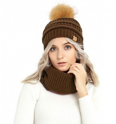 Skullies & Beanies Womens Winter Warm Cable Knit Pom Pom Beanie Hat Cap and Infinity Scarf Set - Coffee - C018K53MKQD $13.38