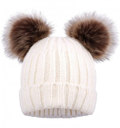 Skullies & Beanies Cable Knit Beanie with Faux Fur Pompom Ears - White - C318ISHNW4D $13.82