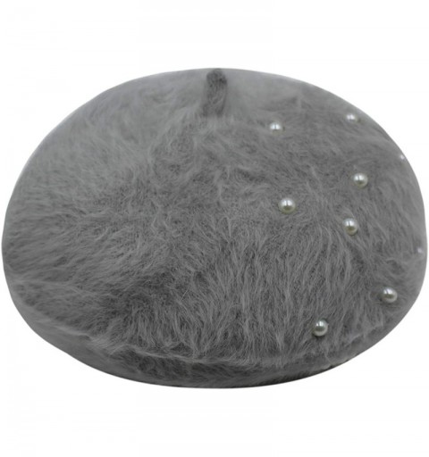 Berets Women Soft Rabbit Fur French Beret Elegant Pearls Winter Warm Beanie Hat - Grey - C418YS7RKXT $12.21