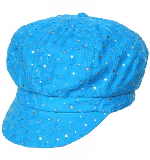 Newsboy Caps Womens Soft Sequin Newsboy Chemo Hat with Stretch Band- Fitted- for Cancer Hair Loss - 11- Turquoise Blue - CP11...