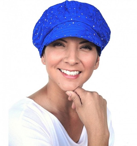 Newsboy Caps Womens Soft Sequin Newsboy Chemo Hat with Stretch Band- Fitted- for Cancer Hair Loss - 11- Turquoise Blue - CP11...