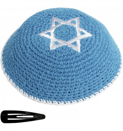 Skullies & Beanies Star of David Jewish KippahHatFor Men & Kids with Clip Beautifully Knitted - Lghit Blue With White Star - ...