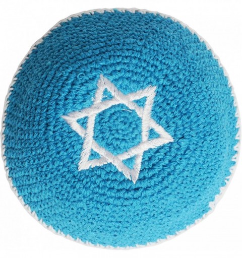 Skullies & Beanies Star of David Jewish KippahHatFor Men & Kids with Clip Beautifully Knitted - Lghit Blue With White Star - ...