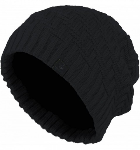 Skullies & Beanies Winter Slouch Baggy Knit Beanie Hat Fleece Lined Crochet Skull Ski Cap - Black - CO12LSK6K6P $10.42