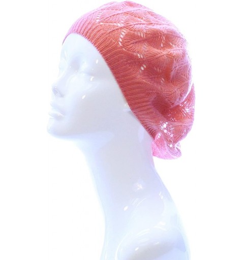 Berets Womens Lightweight Cut Out Knit Beanie Beret Cap Crochet Hat - Many Styles - Peach Diamond Stripe - CY12LCQ83K1 $13.64
