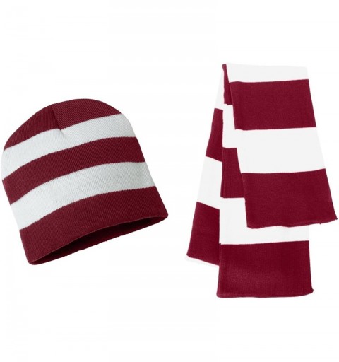 Skullies & Beanies Knit Collegiate Rugby Stripe Winter Scarf & Beanie Hat Set - Cardinal/White - C2119VEI145 $20.28