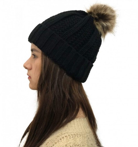 Fedoras Womens Winter Knit Slouchy Beanie Hat Warm Skull Ski Cap Faux Fur Pompom Hats for Women - Black+white+grey - CB18YC6Q...