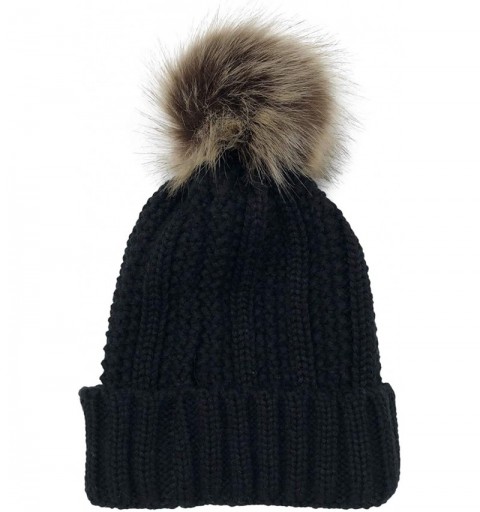 Fedoras Womens Winter Knit Slouchy Beanie Hat Warm Skull Ski Cap Faux Fur Pompom Hats for Women - Black+white+grey - CB18YC6Q...