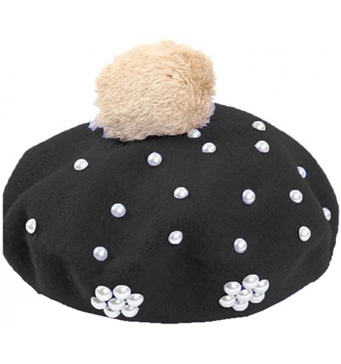 Berets Classic French Style Wool Beret Hat Pearls Beanie Cap with Pom for Women - Black - C4186WYUC36 $10.20