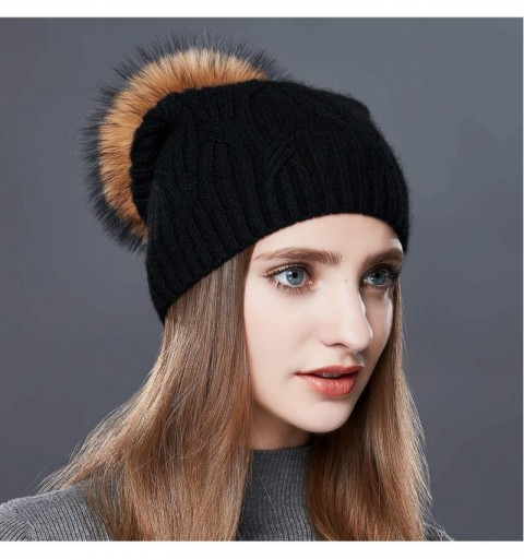 Skullies & Beanies Winter Hats for Women Fur Pom Pom Hats Knitted Cuff Bobble Beanie Warm Wool Ski Cap - CS18L9EQ8IX $18.03
