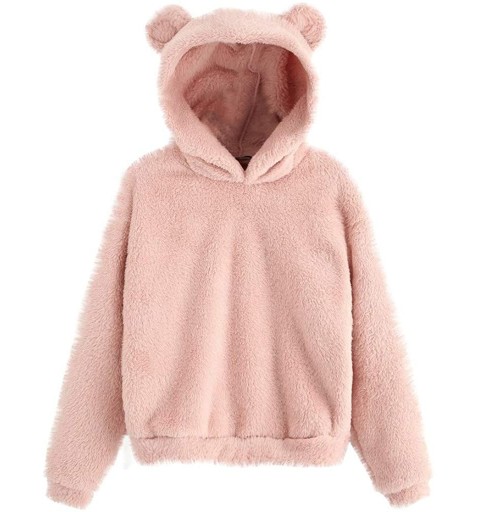 Berets Fuzzy Hoodie for Women Long Sleeve Sweatshirt Warm Bear Ear Shape Fleece Pullover - Pink - CQ18YOSGZEG $9.19
