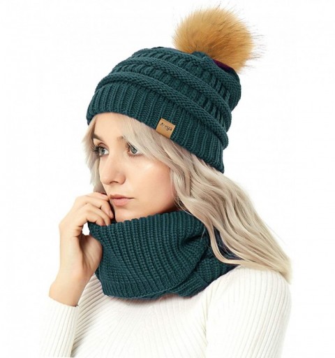 Skullies & Beanies Womens Winter Warm Cable Knit Pom Pom Beanie Hat Cap and Infinity Scarf Set - Teal Blue - C918Y6C33CE $10.30