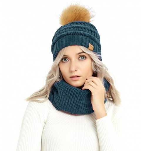 Skullies & Beanies Womens Winter Warm Cable Knit Pom Pom Beanie Hat Cap and Infinity Scarf Set - Teal Blue - C918Y6C33CE $10.30