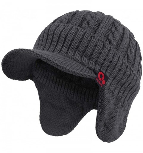 Skullies & Beanies Daily Knit Visor Brim Beanie Hat Fleece Lined Skull Ski Cap - Gray With Earflaps - CB18L8RAIAK $10.15