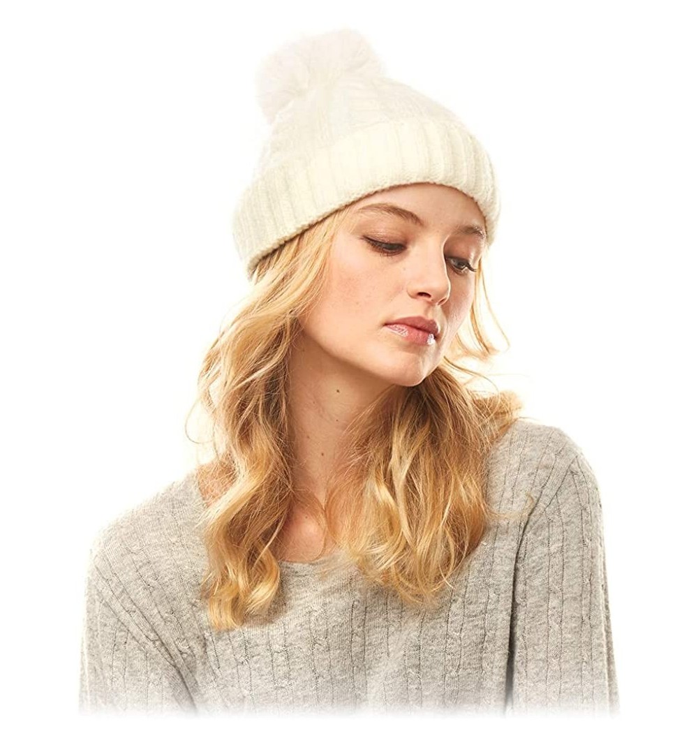 Skullies & Beanies Me Plus Women Fashion Fall Winter Soft Cable Knitted Faux Fur Pom Pom Beanie Hat - Cable Knit - Ivory - CZ...