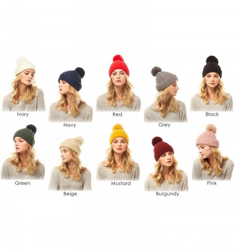Skullies & Beanies Me Plus Women Fashion Fall Winter Soft Cable Knitted Faux Fur Pom Pom Beanie Hat - Cable Knit - Ivory - CZ...