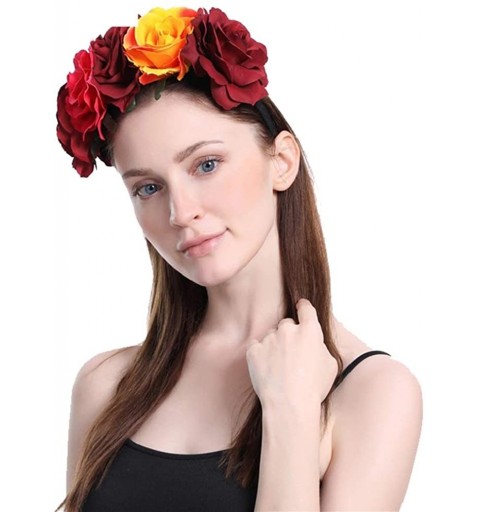 Headbands Custom Mexican Flower Crown Day of The Dead Hawaiian Boho Frida Floral - Red Orange Red Peach - CF18X5IU9YN $11.80