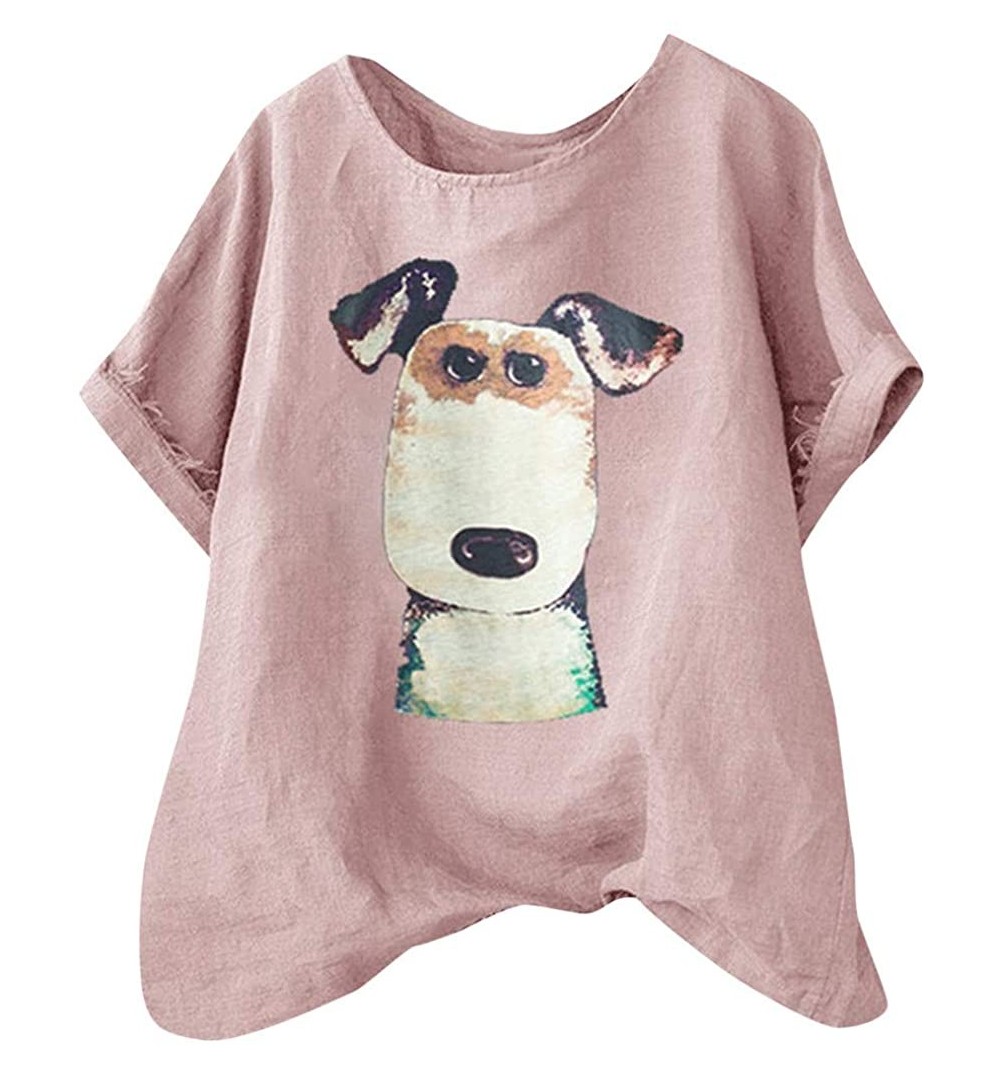 Berets Linen Shirts for Women Summer Plus Size Puppy Dog Print Loose Tunic Blouse Tops - Pink - C418SRW8UKG $11.41