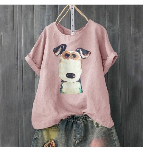 Berets Linen Shirts for Women Summer Plus Size Puppy Dog Print Loose Tunic Blouse Tops - Pink - C418SRW8UKG $11.41