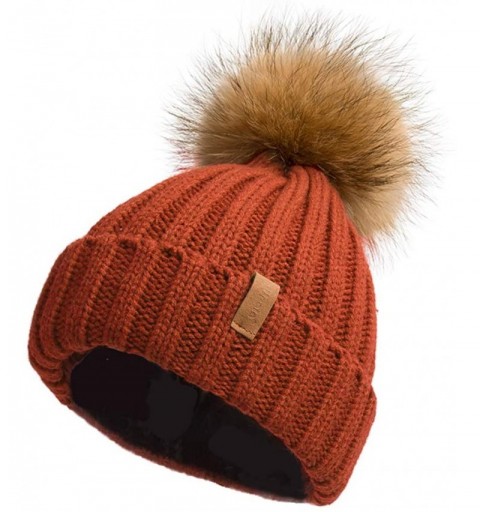 Skullies & Beanies Women Winter Knitted Beanie Hat with Fur Pom Bobble Hat Skull Beanie for Women - Orange( Gold Pompom) - C9...
