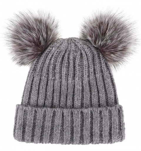 Skullies & Beanies Cable Knit Beanie with Faux Fur Pompom Ears - Grey Hat Black Grey Ball Beige Lining - CP182SEHZ6A $14.45