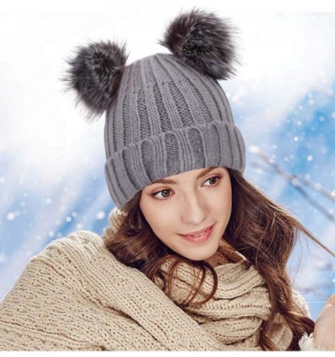 Skullies & Beanies Cable Knit Beanie with Faux Fur Pompom Ears - Grey Hat Black Grey Ball Beige Lining - CP182SEHZ6A $14.45