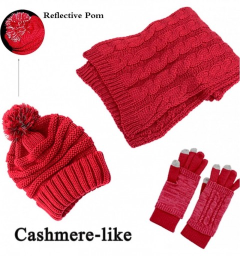 Skullies & Beanies Winter Hat Scarf Gloves Set- 3PCS Pom Beanie Set Knit Warm Winter Gift Set for Women Girls - Wine Red - CK...