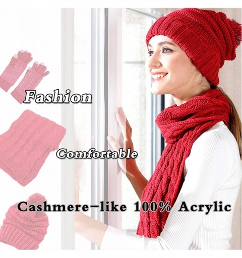 Skullies & Beanies Winter Hat Scarf Gloves Set- 3PCS Pom Beanie Set Knit Warm Winter Gift Set for Women Girls - Wine Red - CK...