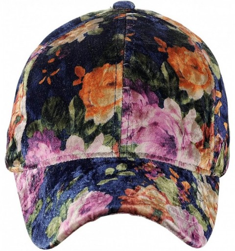 Baseball Caps Women's Soft Velvet Crushable Floral Pattern Adjustable Baseball Cap - Navy - CC18C76I67C $11.72