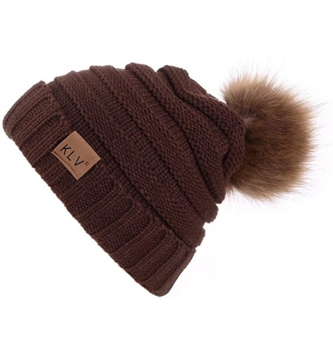 Skullies & Beanies Unisex Knit Slouchy Beanie Chunky Baggy Hat Warm Skull Ski Cap Faux Fur Pompom Hats for Women Men - A-coff...