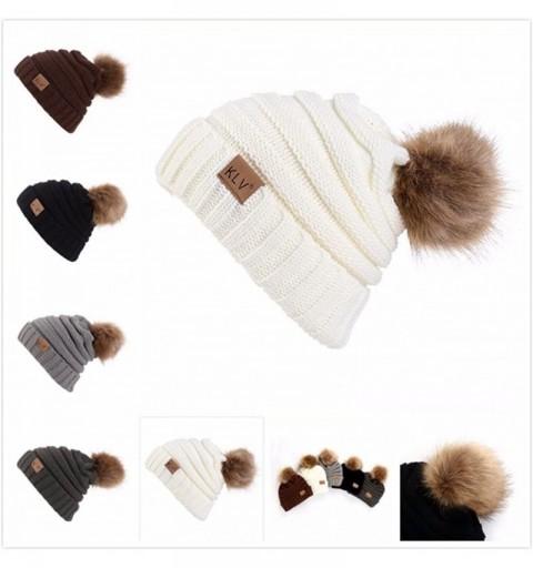 Skullies & Beanies Unisex Knit Slouchy Beanie Chunky Baggy Hat Warm Skull Ski Cap Faux Fur Pompom Hats for Women Men - A-coff...