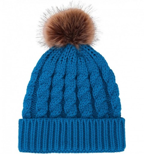 Skullies & Beanies Women's Winter Soft Knit Beanie Hat with Faux Fur Pom Pom - No Fleece Lined_royal Blue - CK1825CTXHO $14.02