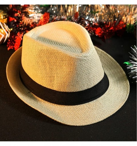 Sun Hats Unisex Summer Panama Straw Fedora Hat Short Brim Beach Sun Cap Classic - 01 Beige - CL184DDLA5N $15.18