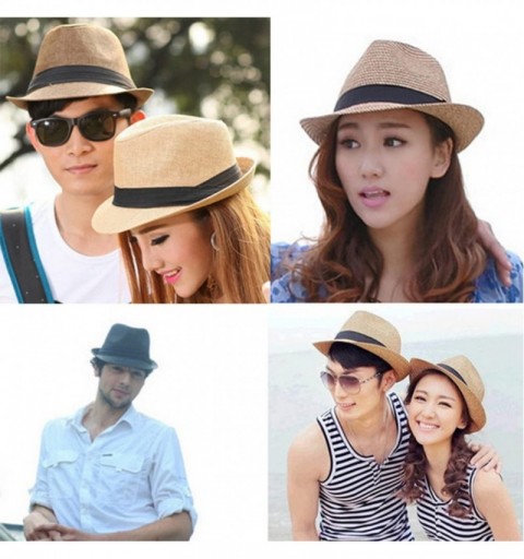 Sun Hats Unisex Summer Panama Straw Fedora Hat Short Brim Beach Sun Cap Classic - 01 Beige - CL184DDLA5N $15.18