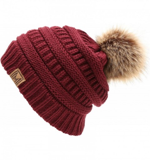 Skullies & Beanies Women's Soft Stretch Cable Knit Warm Skully Faux Fur Pom Pom Beanie Hats - Burgundy - CC18GQKKLDA $12.42