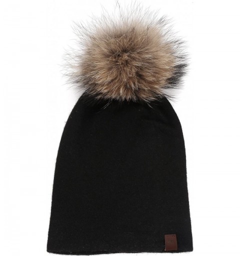 Skullies & Beanies Marino Slouchy Beanie Hat for Women - Cashmere Blend - Rabbit Fur Pompom - Black- With Pompom - C918MCZIEE...