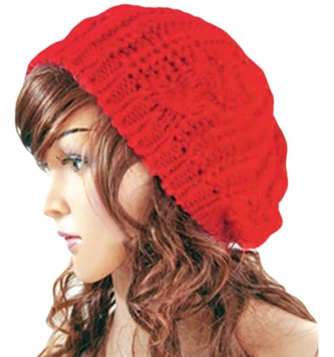 Skullies & Beanies Lady Winter Warm Baggy Beret Chunky Knitted Braided Beanie Hat - Red - CM11OAWILFL $7.85