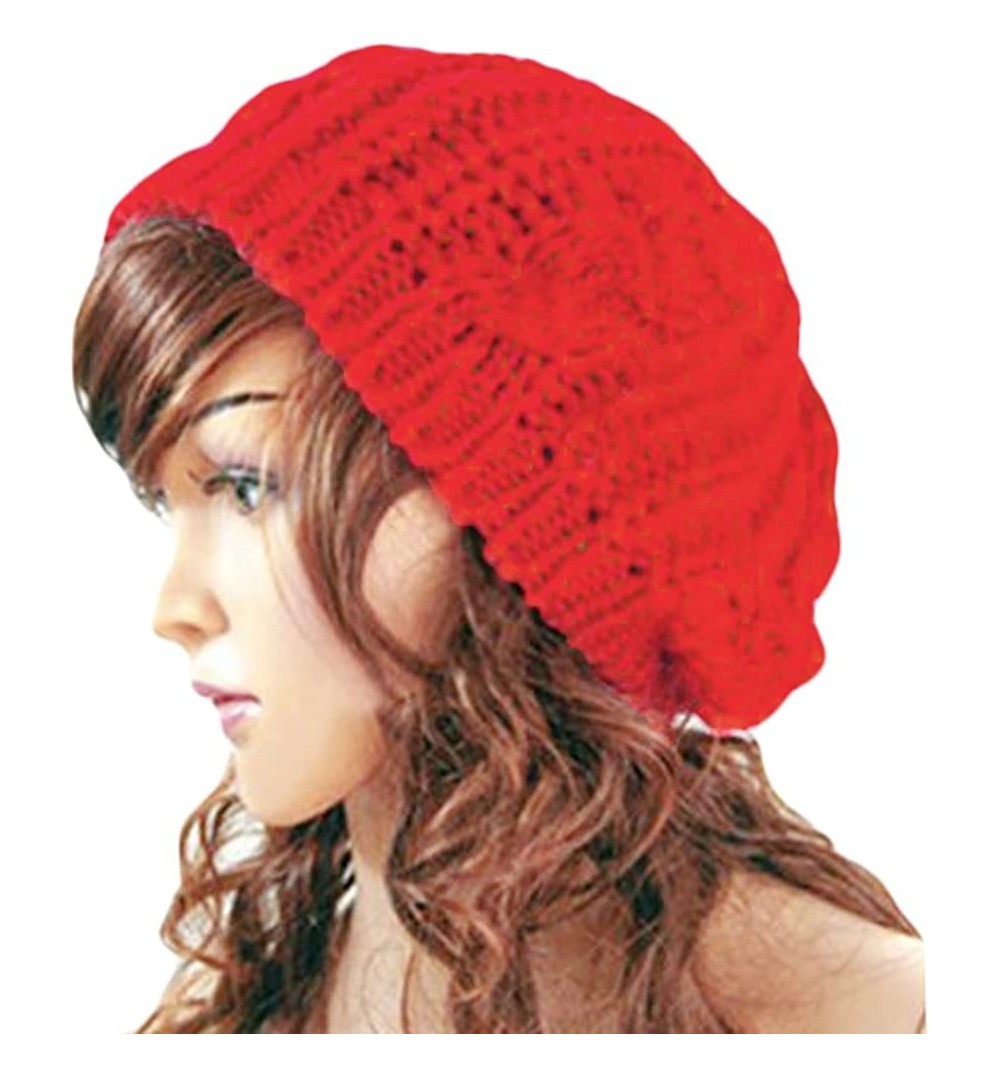 Skullies & Beanies Lady Winter Warm Baggy Beret Chunky Knitted Braided Beanie Hat - Red - CM11OAWILFL $7.85