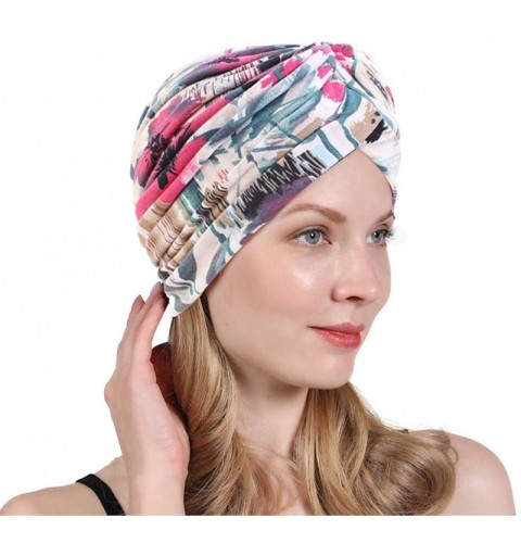 Skullies & Beanies New Women's Cotton Turban Flower Prints Beanie Head Wrap Chemo Cap Hair Loss Hat Sleep Cap - Green Pink Fl...